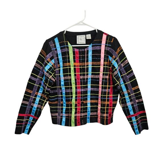 Michael Simon Sweaters - VTG 90s Michael Simon Lite Womens Cardigan Ribbon Plaid Sz Medium 100% Cotton